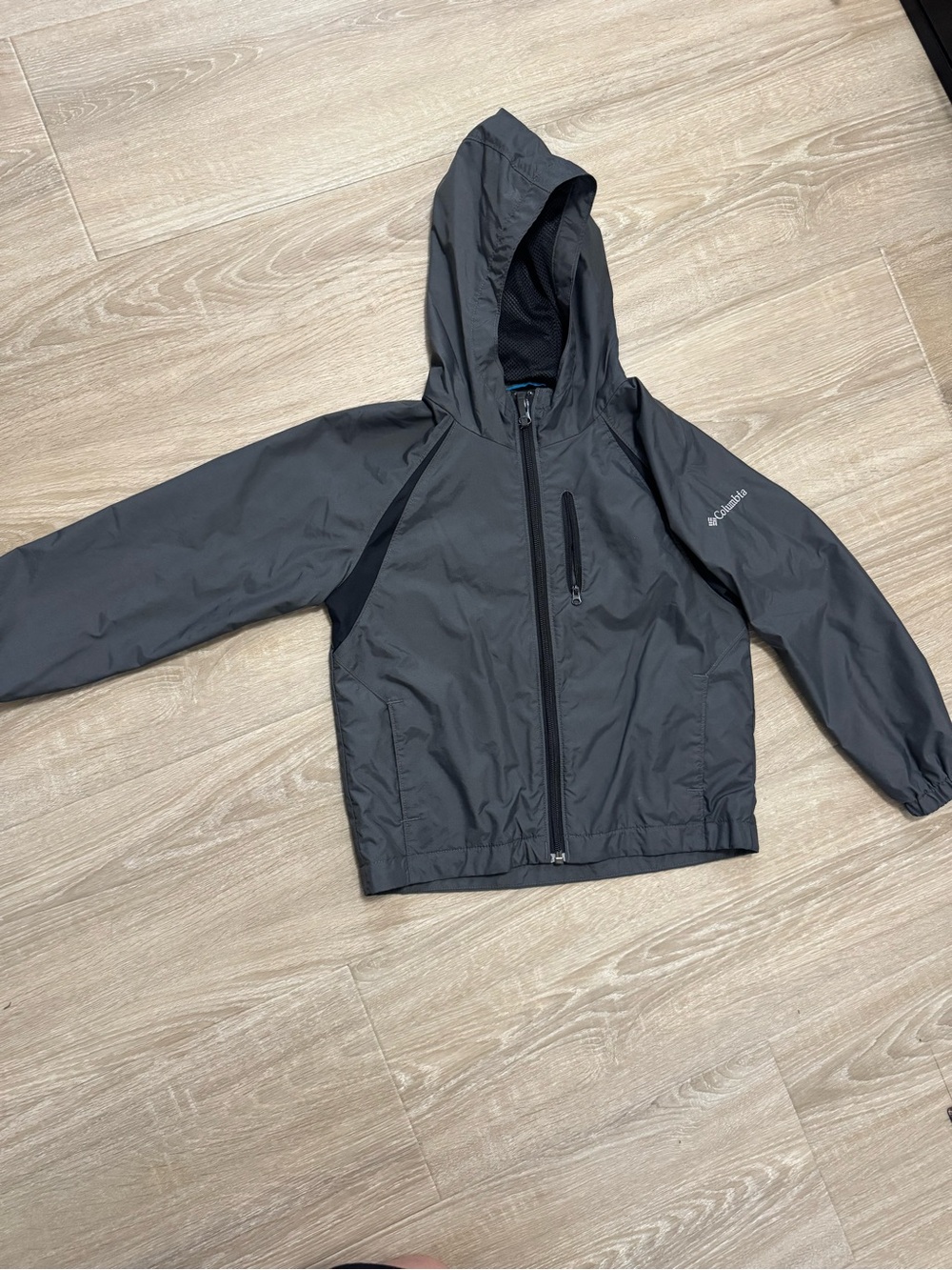 Columbia Kids Gray Hooded Rain Jacket with Black Panels